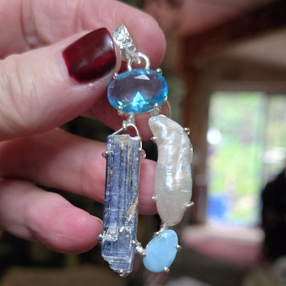 Topaz kyanite pearl & larimar sterling silver pendant - Picture 5 of 8